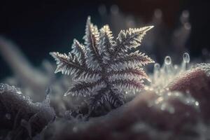 Very beautiful ice crystals in close-up against a soft winter background created with technology. photo