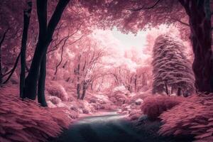 Beautiful pink infrared view into a forest with misty light created with technology. photo