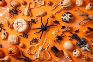 Top view on spooky halloween motifs with bones plastic spiders pumpkins and bats on an orange surface created with technology. photo