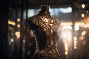 An innovative and elegant dress in a steampunk look on a Mannequin with soft bokeh lights created with technology. photo