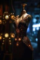 An innovative and elegant dress in a steampunk look on a Mannequin with soft bokeh lights created with technology. photo