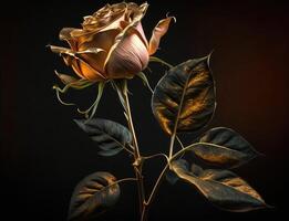 A long-stemmed rose with golden petals against a dark background created with technology. photo