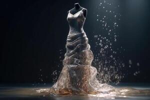An Elegant Dress Made of wild Water on a Mannequin created with technology. photo