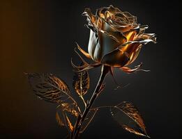 A long-stemmed rose with golden petals against a dark background created with technology. photo