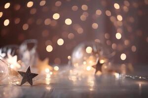 A beautiful christmas background with stars and snowflakes and soft bokeh lights on a light background created with technology. photo