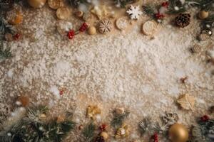 View from above of a snow surface with Christmas motifs created with technology. photo