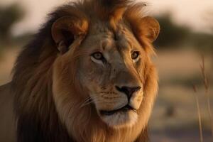 Portrait of a strong male lion with the African savanna in the background created with technology. photo