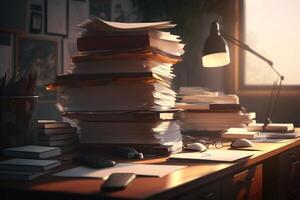 A desk with huge piles of files on it created with technology. photo