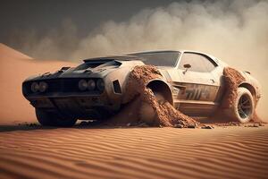 A fast muscle car churns up sand in a desert created with technology. photo