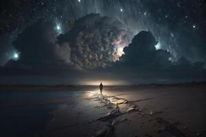 A lone person looks up at the stars of the Galaxy at night created with technology. photo