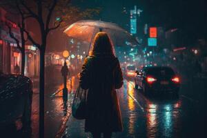 un joven mujer con un paraguas camina en un moderno ciudad a noche y pesado lluvia creado con generativo ai tecnología. foto