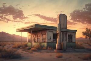 An old abandoned petrol station on a road in the desert created with technology. photo