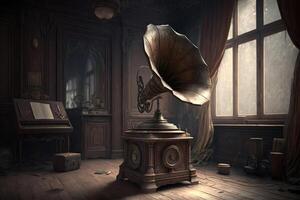 An old vintage gramophone in steampunk style stands in an almost empty room, some light falls through the window. Created with technology. photo