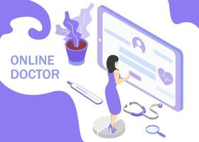 Doctor online concept. Isometric projection. Modern style in purple color. Vector illustration. EPS 10