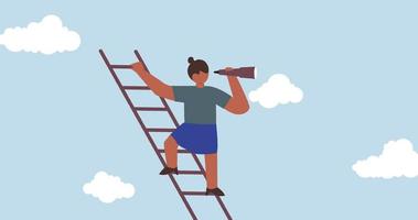 4k animation of Woman leadership, businesswoman company standing on ladder of success using telescope for future vision. video