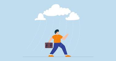 4k animazione di attività commerciale problema. depresso uomo d'affari a piedi con nuvoloso temporale e piovoso in giro il suo viso video