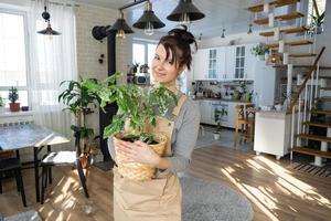 un contento mujer en un verde casa con un en conserva planta en su manos sonrisas, toma cuidado de un flor. el interior de un acogedor Respetuoso del medio ambiente casa, un hogar cocina, un pasatiempo para creciente y cría planta de casa foto