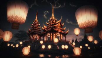 Vesak festival, a Buddhist temple with flying lanterns photo