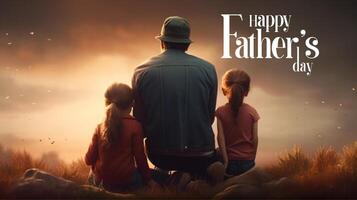 fathers day, wish card, the father sitting with children poster ai photo