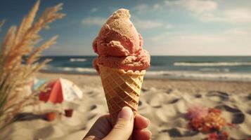 hand holding ice cream flavors on seaside, beach with palm trees and summer vibes photo