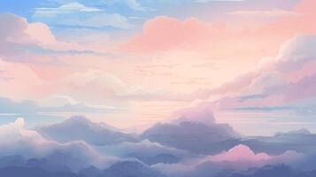 olorful sunrise over rolling countryside, with the sky filled with a blend of soft pink, orange, and blue clouds. peaceful and serene, pastel-colored clouds with soft edges photo