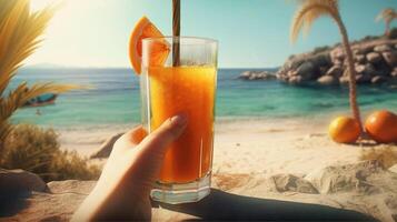 holding a glass of juice, beach, seaside, summer vibes, palm trees photo