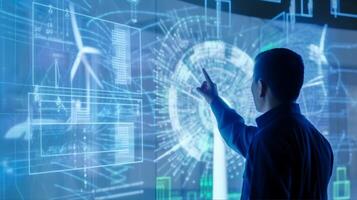 Engineer using AI Artificial Intelligence to inspect wind turbine by examining the quality and efficiency of electricity generated through the hologram HUD, Energy conservation photo