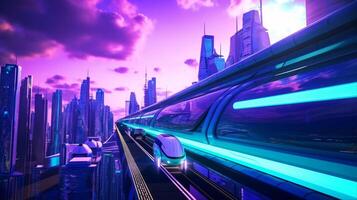 Hyperloop Transit with Holographic Displays, High-Speed Rails, and Levitating Pods, futuristic tech cityscape neon, glossy, and metallic skyscrapers, bustling with transportation photo