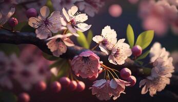 sakura rama en el florecer jardín, contento primavera vibras, natural floral fondo, generativo ai foto