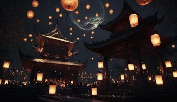 Vesak festival, a Buddhist temple with flying lanterns and celebratory vibes, photo