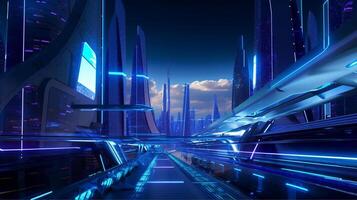 Futuristic Tech Hub with Cybernetic Augments, Neon Accents, and Advanced AI.futuristic tech cityscape, neon, glossy, and metallic skyscrapers, bustling with futuristic transportation photo