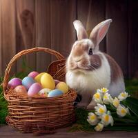 Fluffy Easter bunny with a basket of festive Easter eggs - image photo