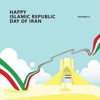 Islamic Republic Day of Iran vector illustration with a long flag and Azadi Tower in Tehran. Middle East country public holiday greeting card. Suitable for social media post.