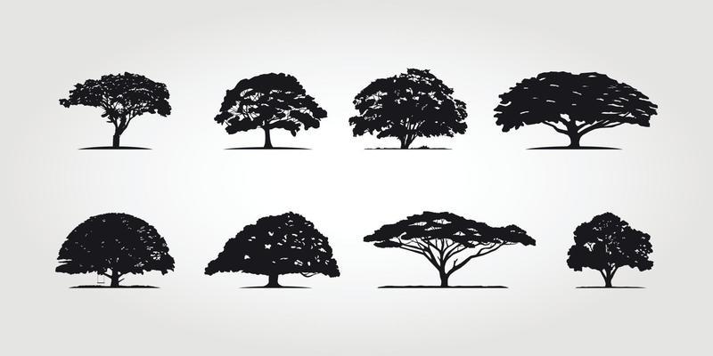 set of big tree silhouettes vector. hand drawn isolated natural elements.