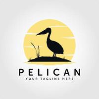 pelican bird logo vintage with sun background vector illustration design