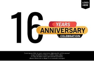 16th anniversary celebration logotype black yellow colored with text in gray color isolated on white background vector template design