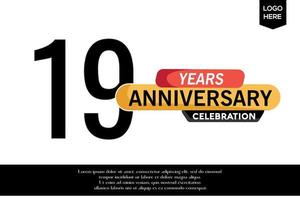 19th anniversary celebration logotype black yellow colored with text in gray color isolated on white background vector template design