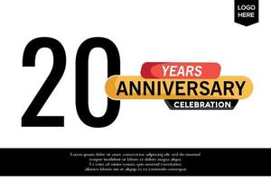 Vigésimo aniversario celebracion logotipo negro amarillo de colores con texto en gris color aislado en blanco antecedentes vector modelo diseño