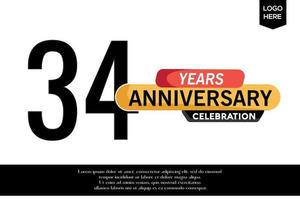 34th anniversary celebration logotype black yellow colored with text in gray color isolated on white background vector template design