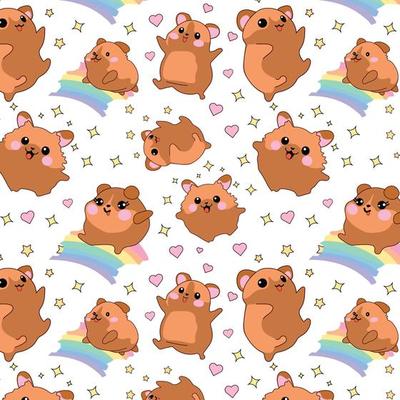 Seamless pattern with  kit collection vector illustration cute cartoon hamsters kawaii chibi style Emoji character sticker emoticon smile emotion mascot sleep rainbow