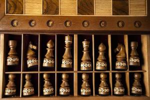 Dark chess pieces lie in a box. A puzzle game with tricky combinations that requires planning and thinking. photo