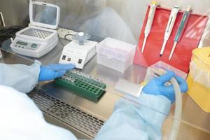 Hospital infection laboratory. June 02, 2021.The hands of a physician laboratory assistant in an infectious disease laboratory examines the samples. photo