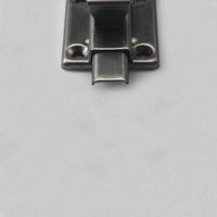 Stainless steel door bolt latch for house or office safety. Close up small door equipment. Industrial hinge tool isolated photo on plain square white background.