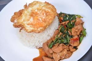 Rice with stir-fried pork and basil served with fried egg photo