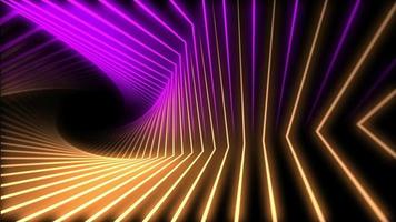 Rotating twisted purple and gold neon light beams motion background. video