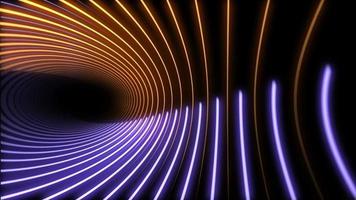 Glowing purple and gold circle neon light beams motion background. video