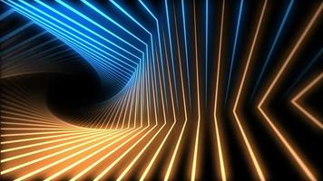 Glowing blue and gold twisting neon light beams motion background. video