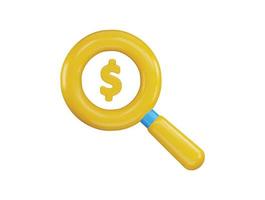 A yellow magnifying glass with a dollar symbol on it icon with 3d vector icon illustration