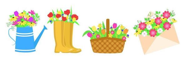 Set of bouquets of flowers. Collection spring flowers in boots, envelope, basket. Vector illustration.