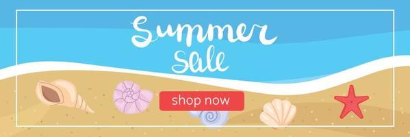 Summer sale long banner. Shop now button. Sea and beach with shells top view. Vector illustration.
